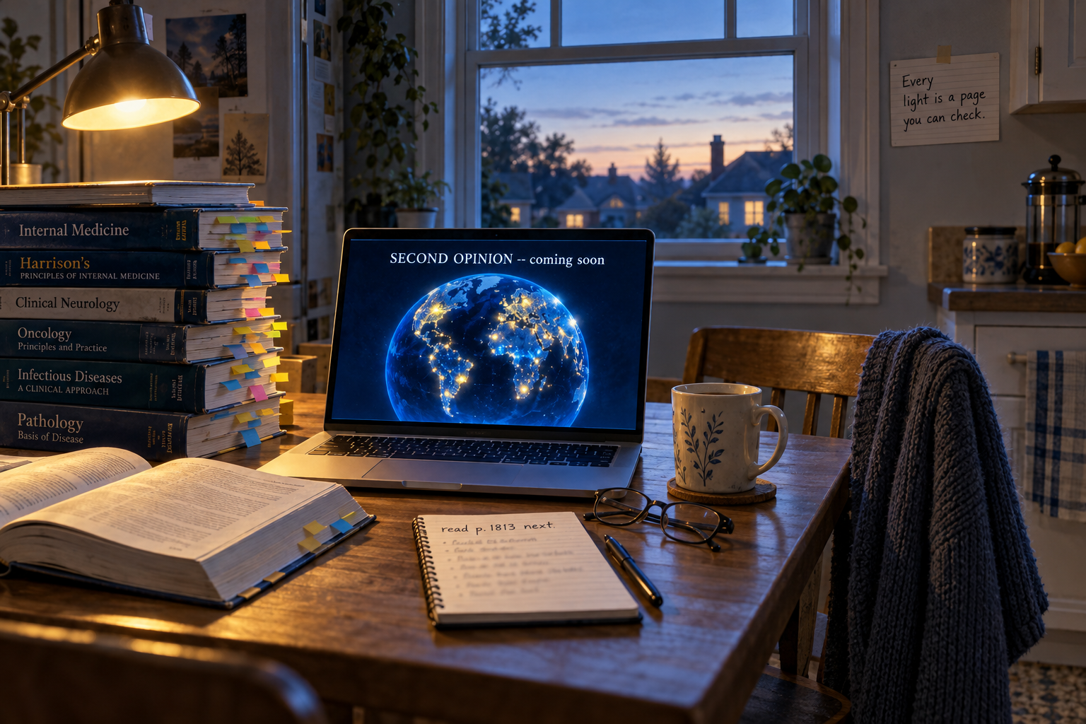 A kitchen before dawn: a laptop showing the glowing globe, a stack of medical textbooks, and the words Second Opinion coming soon on the screen