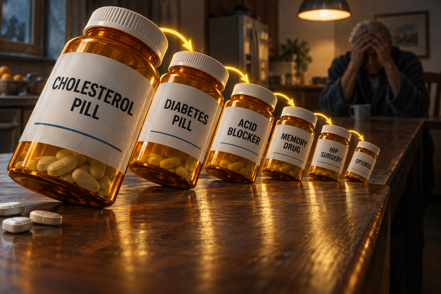 A line of pill bottles falling like dominoes, from a cholesterol pill to opioids, with amber arrows between them