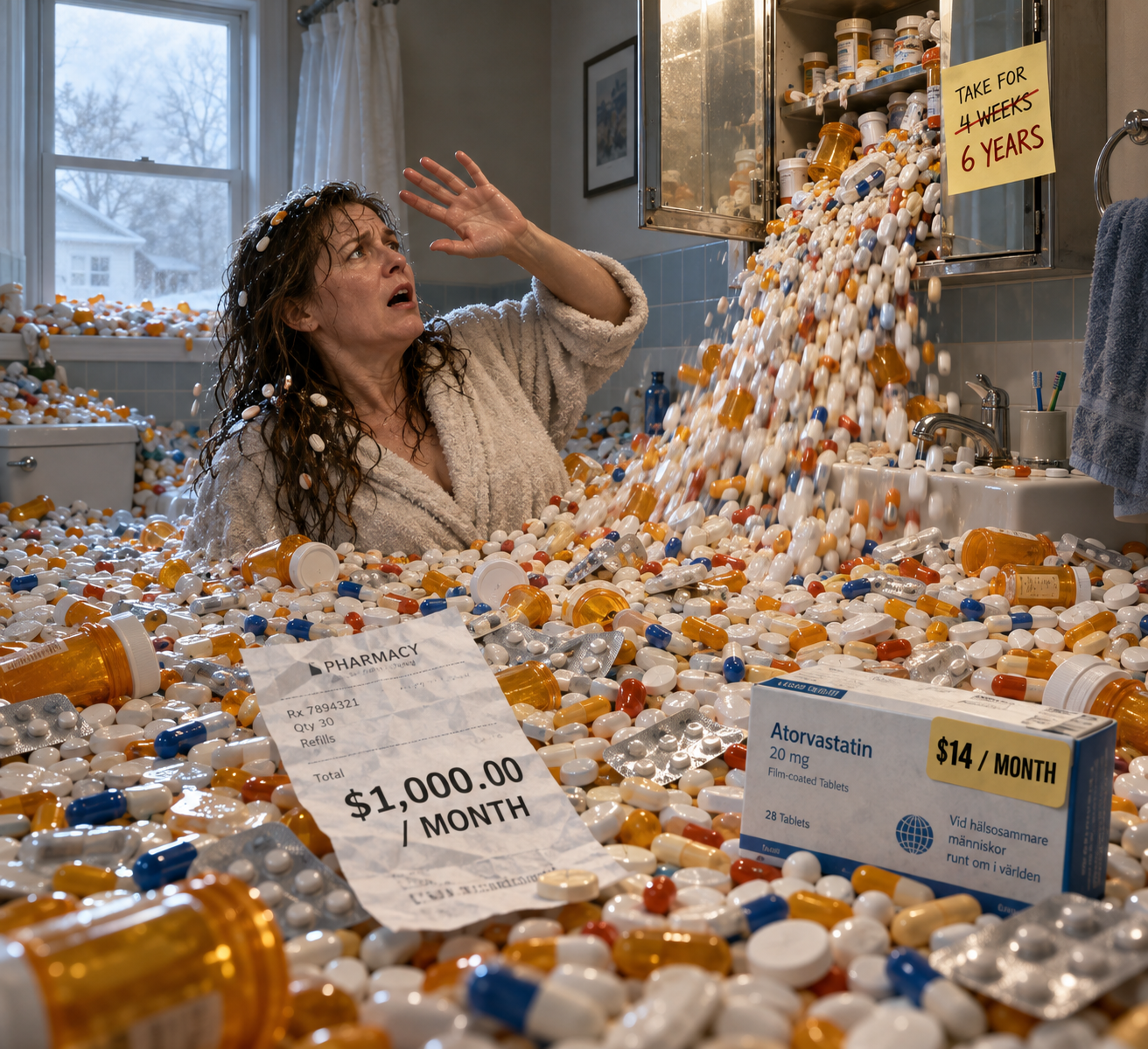 A woman in a bathroom is flooded by pills pouring out of the mirror cabinet, with a $1,000 and a $14 price tag floating on top