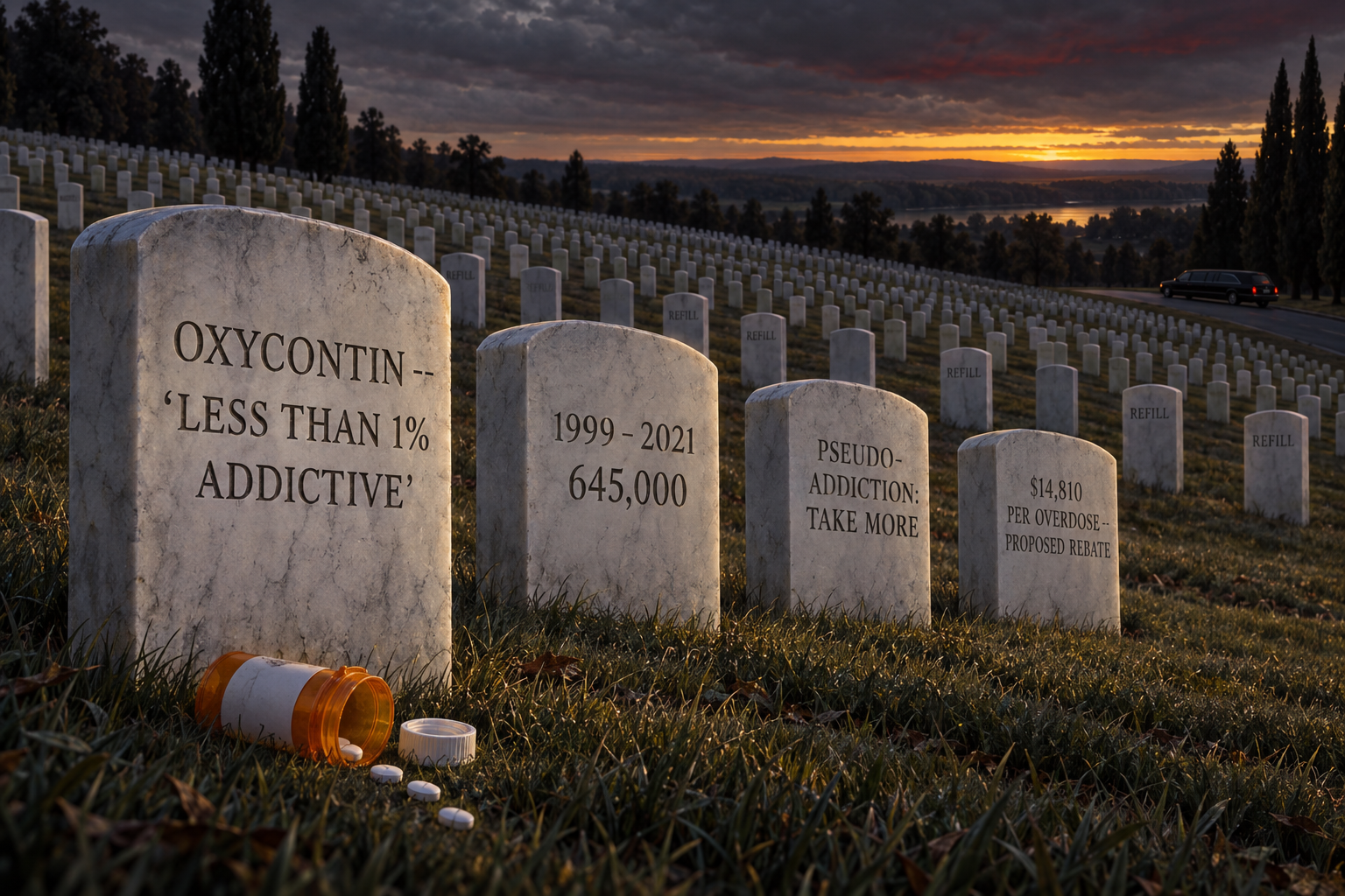 A vast cemetery at dusk with headstones carved with opioid facts and numbers, and a spilled pill bottle in front