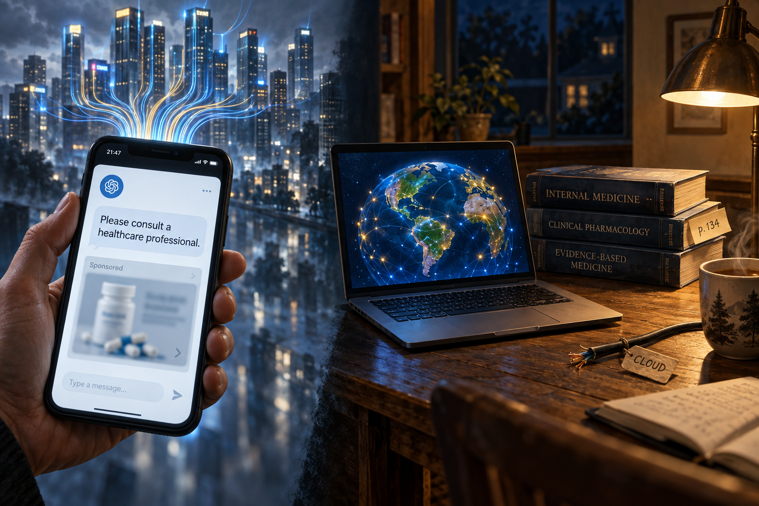 Split picture: a phone chat with a sponsored ad tied to distant skyscrapers, and a cable-free laptop with a globe next to medical textbooks