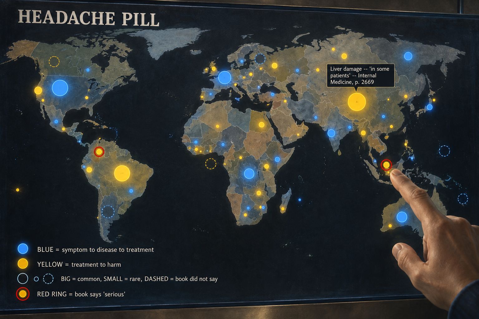 A flat map with blue and yellow glowing circles of different sizes, a legend, and a finger about to tap a ringed yellow circle