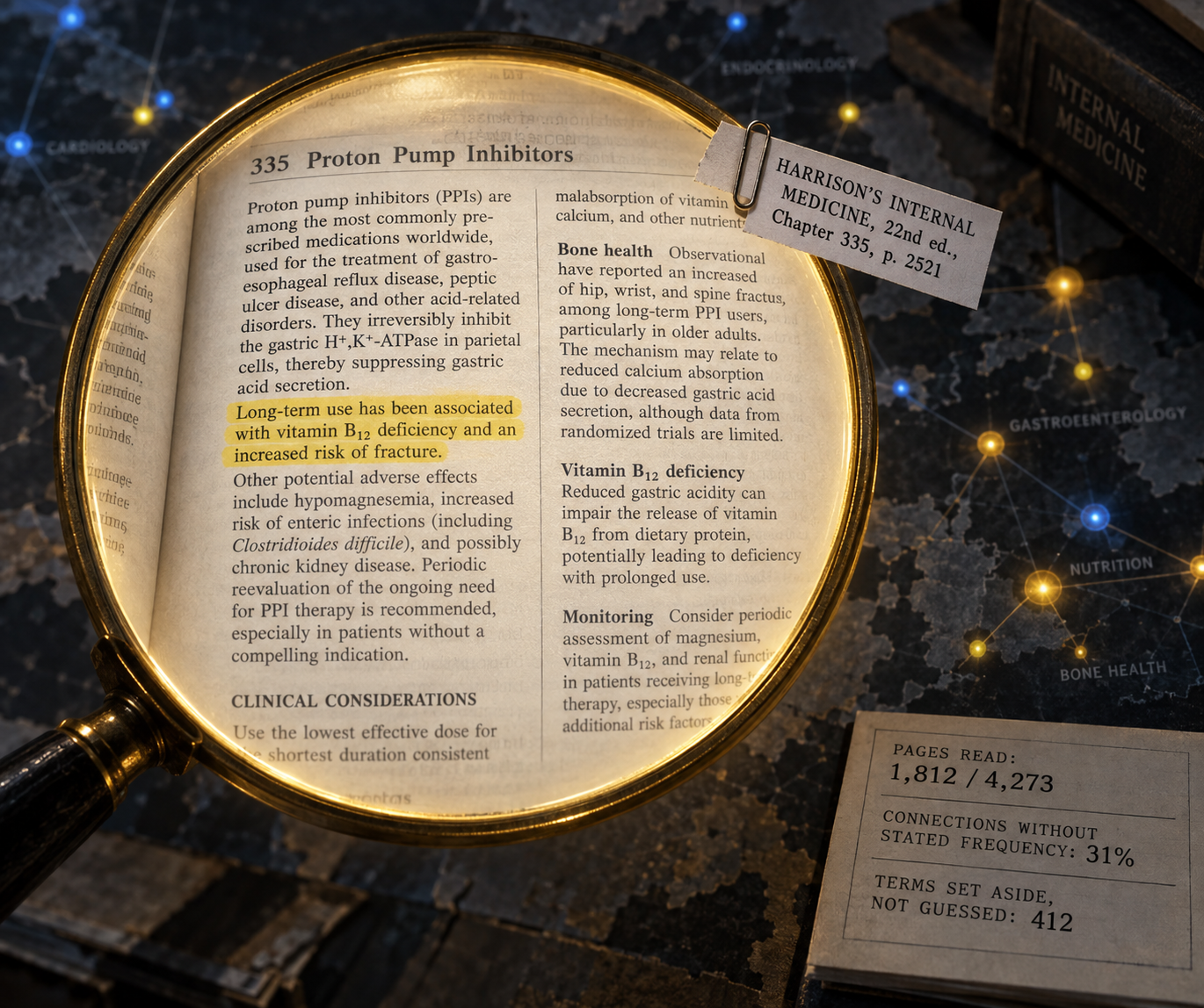 A glowing yellow circle acting as a magnifying glass over a textbook page with one highlighted sentence and a citation tag