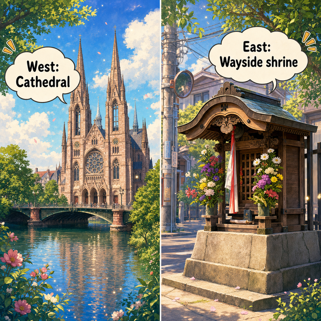 West: Cathedral — East: Wayside Shrine